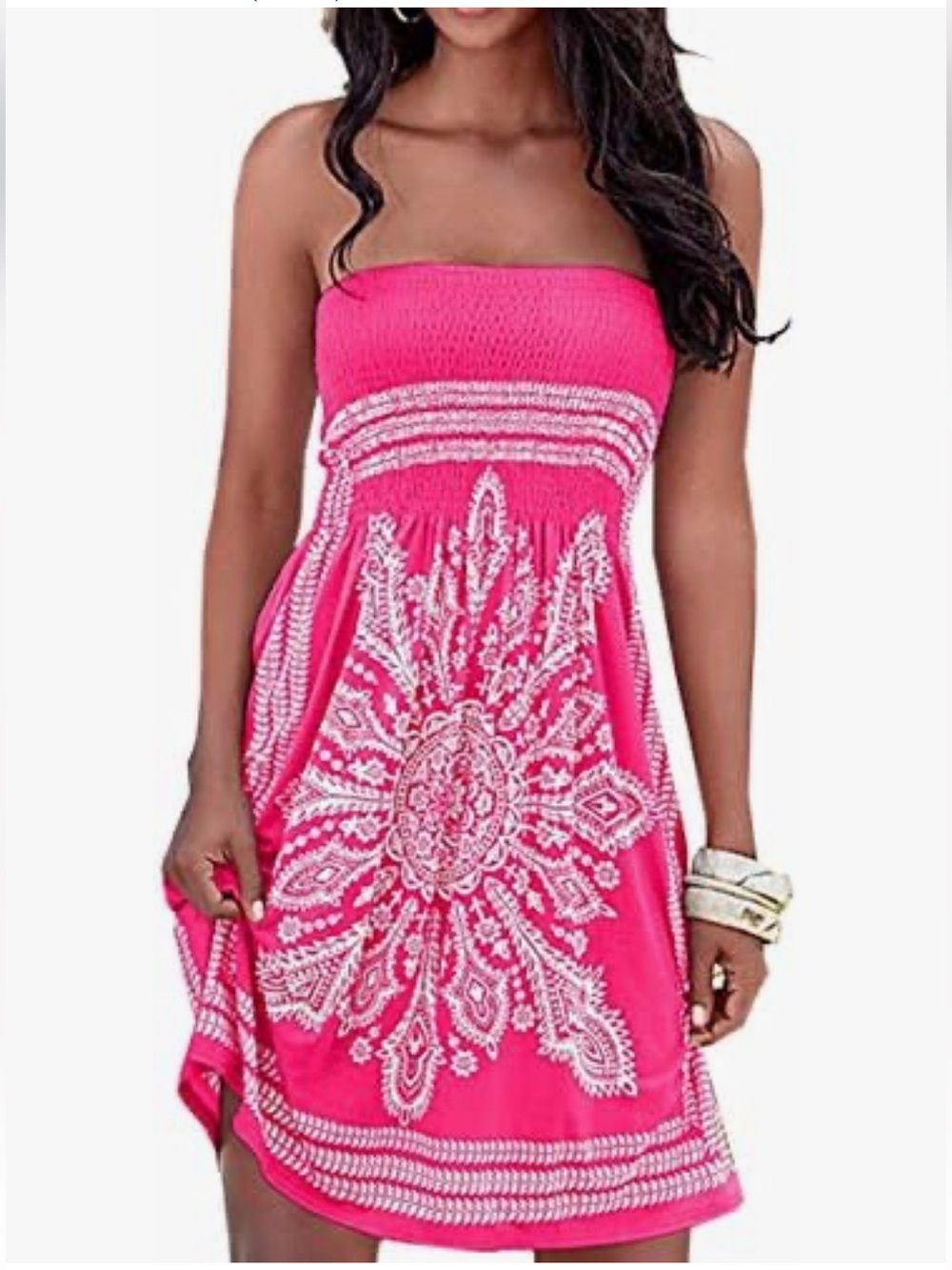VENUS Coral Pink Strapless Bandana-Print Sundress